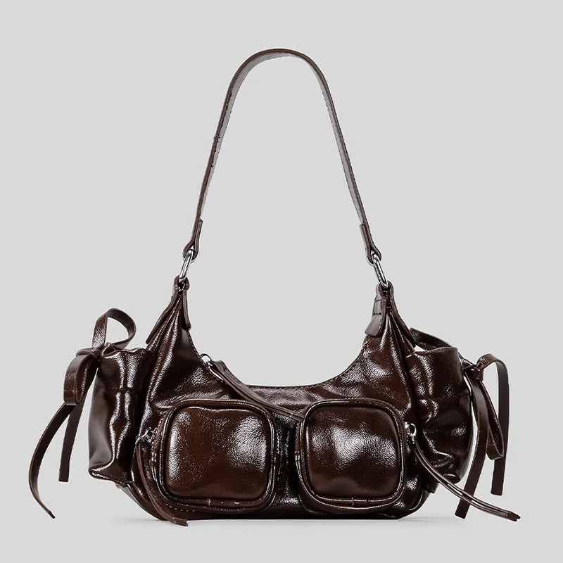 Vintage Leather Underarm Bag for Girls - Versatile Multi-Pocket Handbag with Spaghetti Strap for Motorcycle Rides