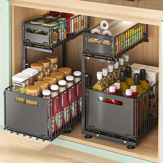 Pull-Out Under Sink Organizer for Kitchen & Bathroom - 2-Tier Adjustable Sliding Shelf in Black & White