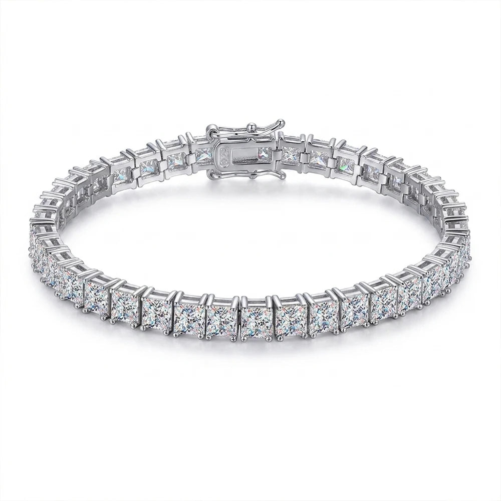 KNOBSPIN Princess Cut Moissanite Bracelet - 18k White Gold Plated, GRA Certified, S925 Sterling Silver Wedding Jewelry for Women
