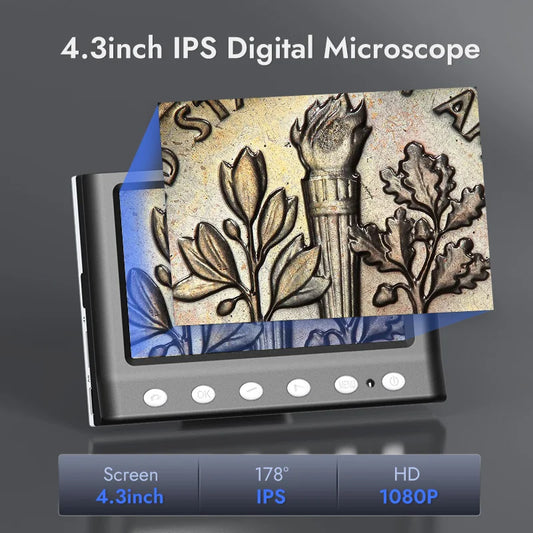 RIEVBCAU 4.3" Digital Microscope for Adults - 1000X Magnification, 1080P Video, 8 LEDs, Ideal for Soldering & Coin Inspection