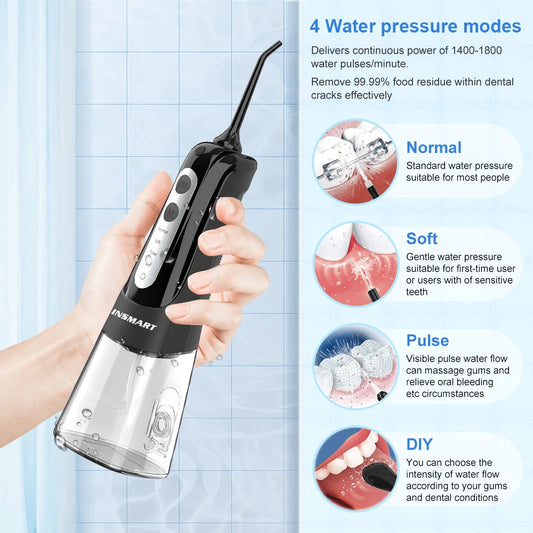 INSMART Portable Oral Irrigator - Waterproof Dental Water Flosser for Teeth Whitening & Cleaning, 300ML Water Tank