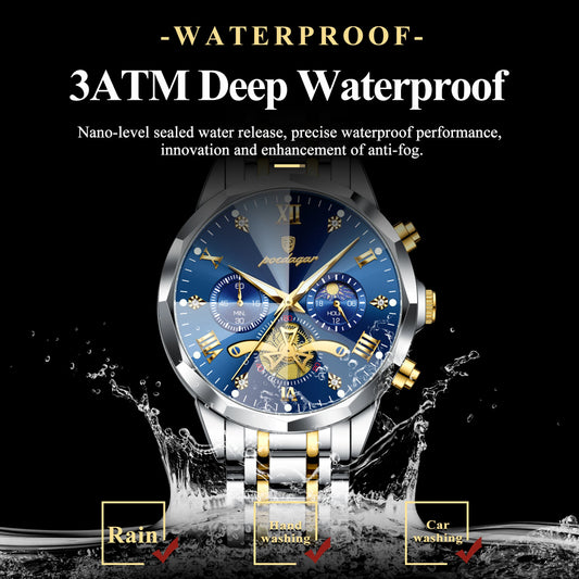 Luxury Men's Waterproof Chronograph Watch - POEDAGAR Stainless Steel Luminous Quartz Wristwatch for Confident Men