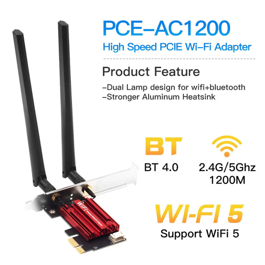 FENVI AC1200 WiFi 5 PCI-E Adapter for Dual Band 2.4G/5GHz - Bluetooth 4.0 Compatible with Windows 7/8/10/11 Desktops