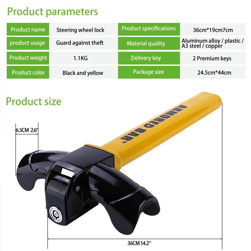 Car Steering Wheel Lock - Heavy Duty Stainless Anti-Theft Security for Cars and Vans