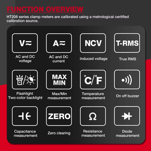 HABOTEST HT208 True RMS Digital Clamp Meter for Electricians - 1000A 1000V AC/DC, Capacitance, Temperature, Ohm & Hz Testing