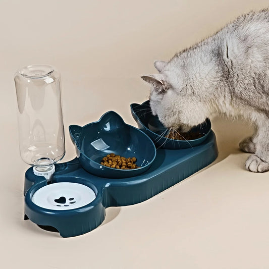 3-in-1 Tilted Cat Food and Water Bowl Set with Gravity Feeder for Neck Protection