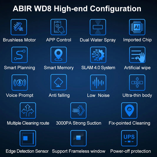 ABIR WD8 Smart Robot Window Vacuum Cleaner for Effortless Glass Cleaning with Dual Water Spray and Laser Sensor