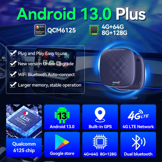 Android 13 CarlinKit AI TV Box for Wireless CarPlay & Android Auto - 8-Core, Split Screen, 64G/128G for Netflix & YouTube