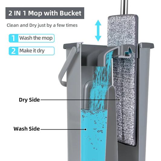 Hands-Free Microfiber Flat Floor Mop and Bucket Set for Efficient Hardwood Cleaning at Home