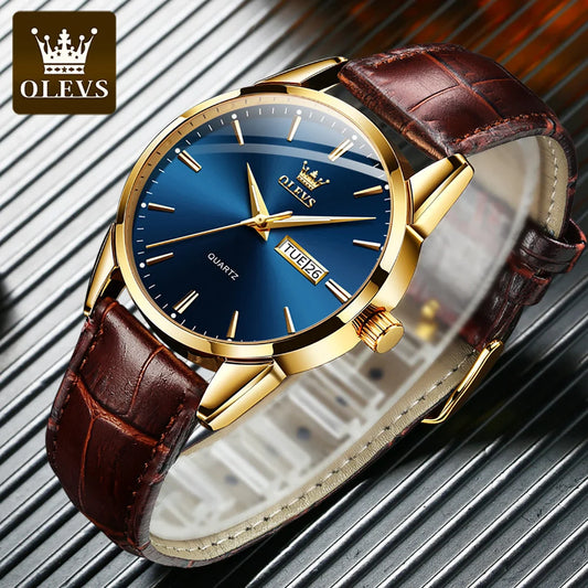 OLEVS Men's Waterproof Quartz Watch - Luxury Casual Fashion Wristwatch with Breathable Leather and Luminous Features