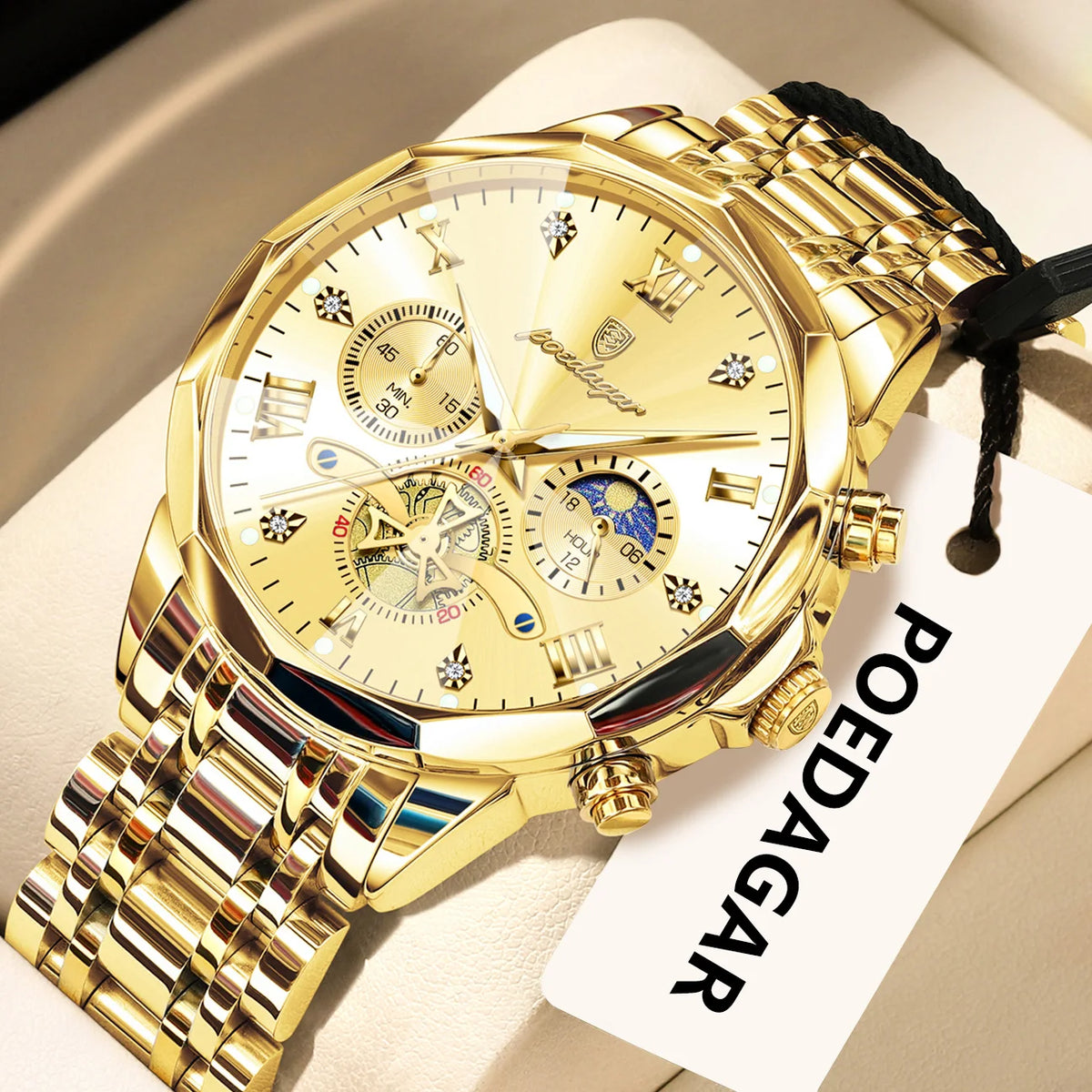 Luxury Men's Waterproof Chronograph Watch - POEDAGAR Stainless Steel Luminous Quartz Wristwatch for Confident Men