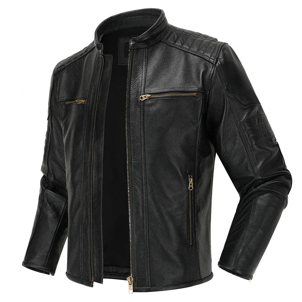 Men's Brown Calfskin Motorcycle Jacket - Retro Stand Collar Biker Gear in Natural Leather