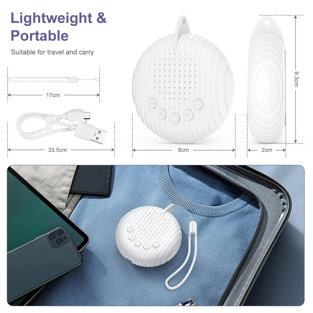 Portable White Noise Machine for Babies - 10 Soothing Sounds, Volume Control, Rechargeable Battery, USB Charging