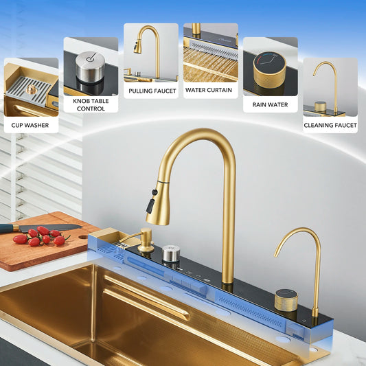 Golden Smart Digital Kitchen Sink Set with Water Purifier, Temperature Control, Soap Dispenser, and Cup Washer