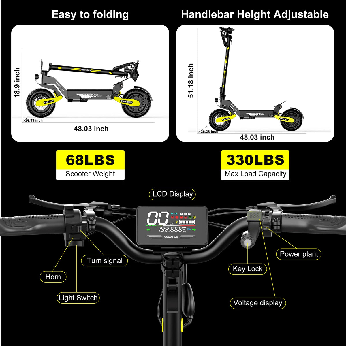 EOEOTWO 1200W Off-Road Electric Scooter for Adults - 30MPH, 48V, 11" Tubeless Tires, Foldable & Long Range