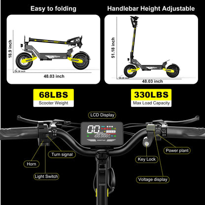 EOEOTWO 1200W Off-Road Electric Scooter for Adults - 30MPH, 48V, 11" Tubeless Tires, Foldable & Long Range