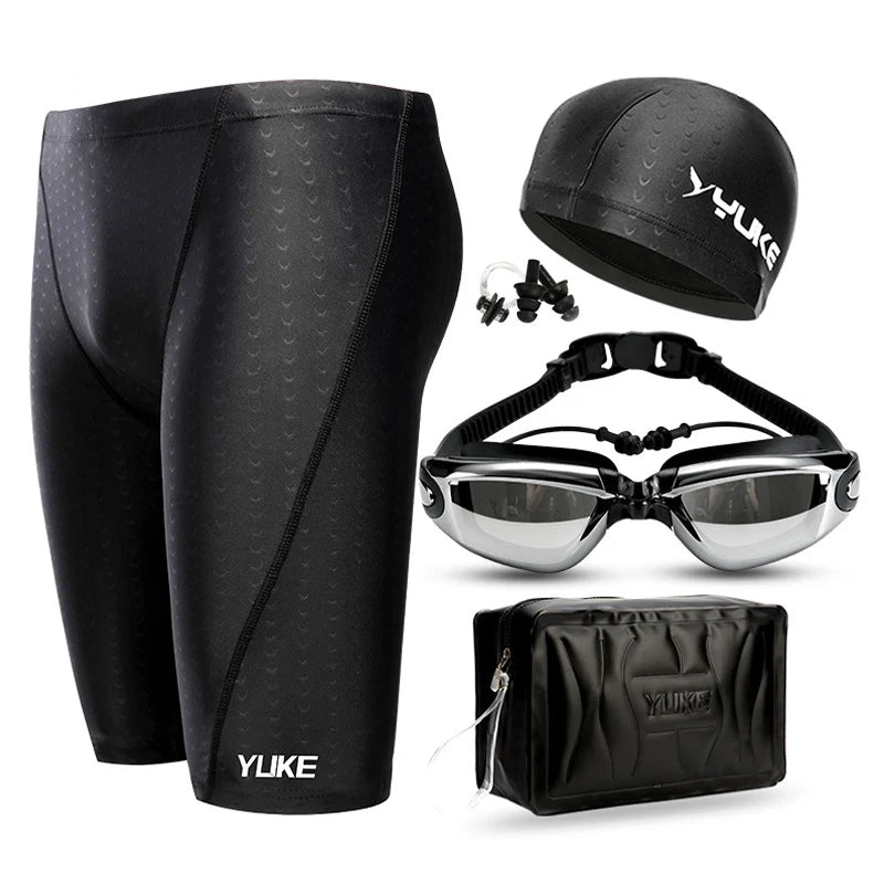 Men's Waterproof Swim Shorts with Goggles, Earplugs, Cap, and Case - Performance Swimwear for Competition & Training