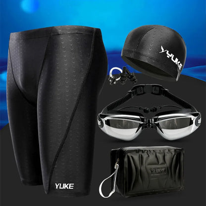 Men's Waterproof Swim Shorts with Goggles, Earplugs, Cap, and Case - Performance Swimwear for Competition & Training