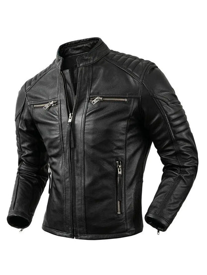 Men's Brown Calfskin Motorcycle Jacket - Retro Stand Collar Biker Gear in Natural Leather