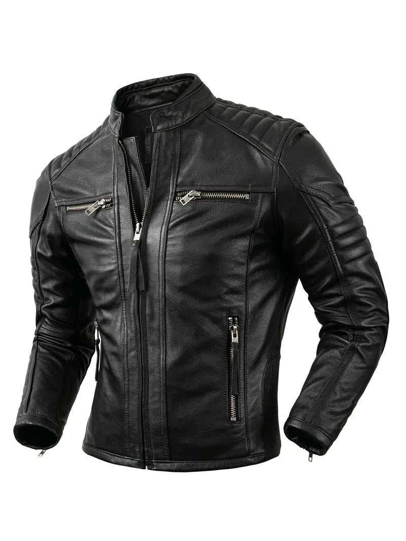 Men's Brown Calfskin Motorcycle Jacket - Retro Stand Collar Biker Gear in Natural Leather