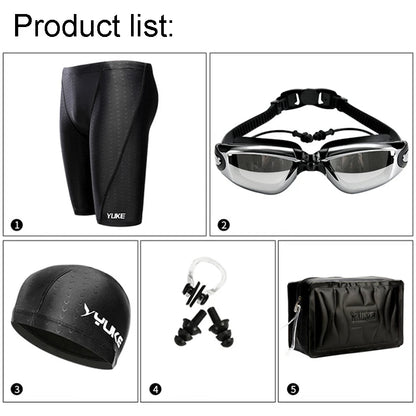 Men's Waterproof Swim Shorts with Goggles, Earplugs, Cap, and Case - Performance Swimwear for Competition & Training