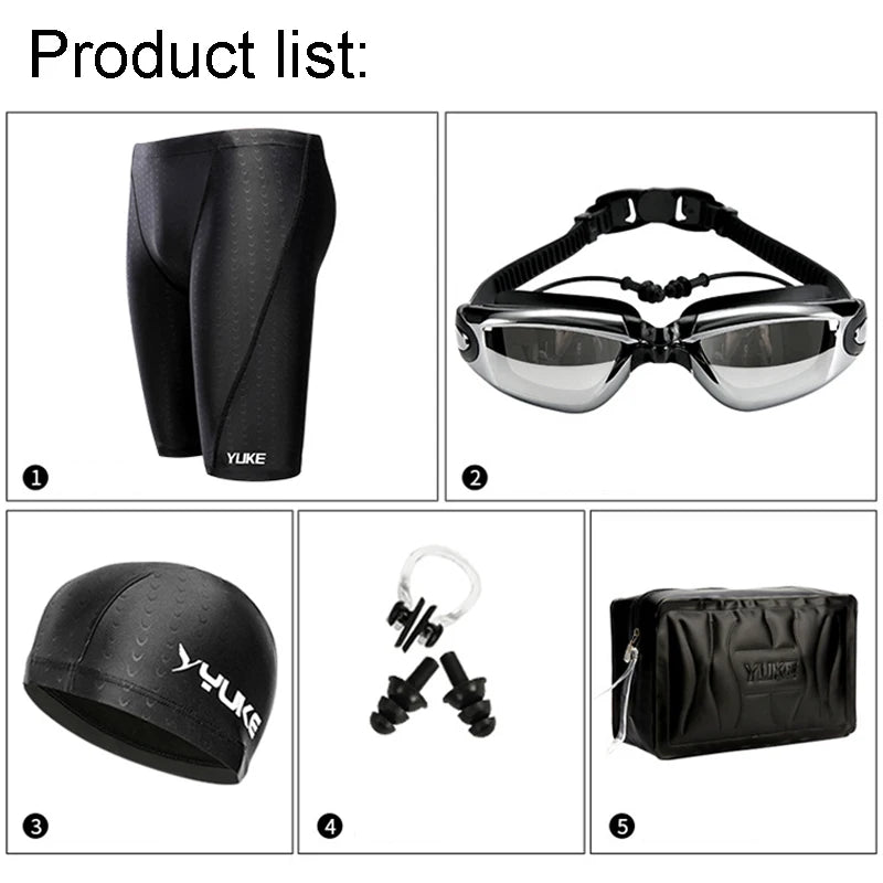 Men's Waterproof Swim Shorts with Goggles, Earplugs, Cap, and Case - Performance Swimwear for Competition & Training