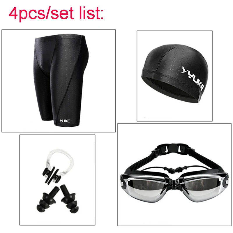 Men's Waterproof Swim Shorts with Goggles, Earplugs, Cap, and Case - Performance Swimwear for Competition & Training