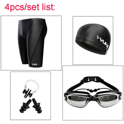 Men's Waterproof Swim Shorts with Goggles, Earplugs, Cap, and Case - Performance Swimwear for Competition & Training