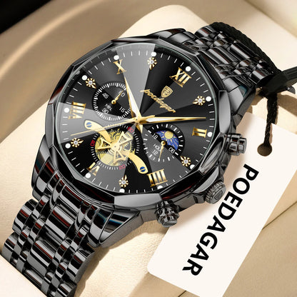Luxury Men's Waterproof Chronograph Watch - POEDAGAR Stainless Steel Luminous Quartz Wristwatch for Confident Men