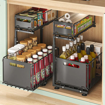 Pull-Out Under Sink Organizer for Kitchen & Bathroom - 2-Tier Adjustable Sliding Shelf in Black & White