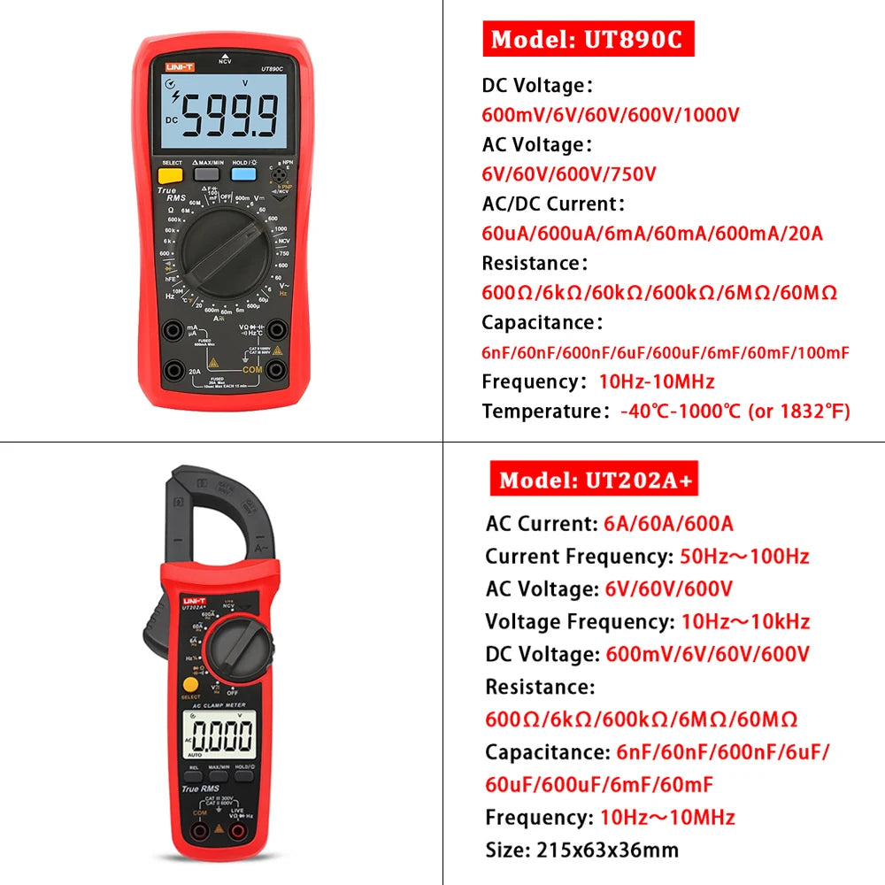 UNI-T Professional Clamp Meter Multimeter Kit for Electricians – UT210E, UT204+, UT202A+, UT107+, UT890C, UT61E+ Tools