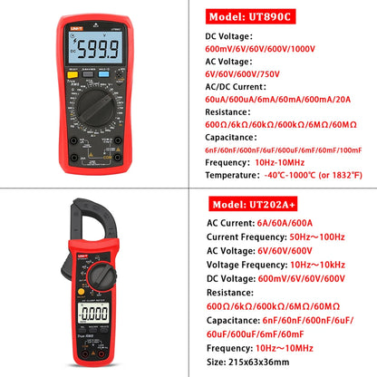 UNI-T Professional Clamp Meter Multimeter Kit for Electricians – UT210E, UT204+, UT202A+, UT107+, UT890C, UT61E+ Tools