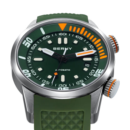BERNY Men's 20Bar Diver Mechanical Watch - Miyota 8215, Luminous Sapphire, Automatic Silicone Wristwatch for Swimming