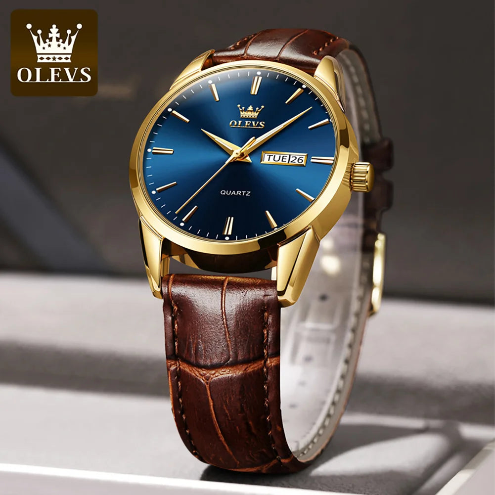 OLEVS Men's Waterproof Quartz Watch - Luxury Casual Fashion Wristwatch with Breathable Leather and Luminous Features
