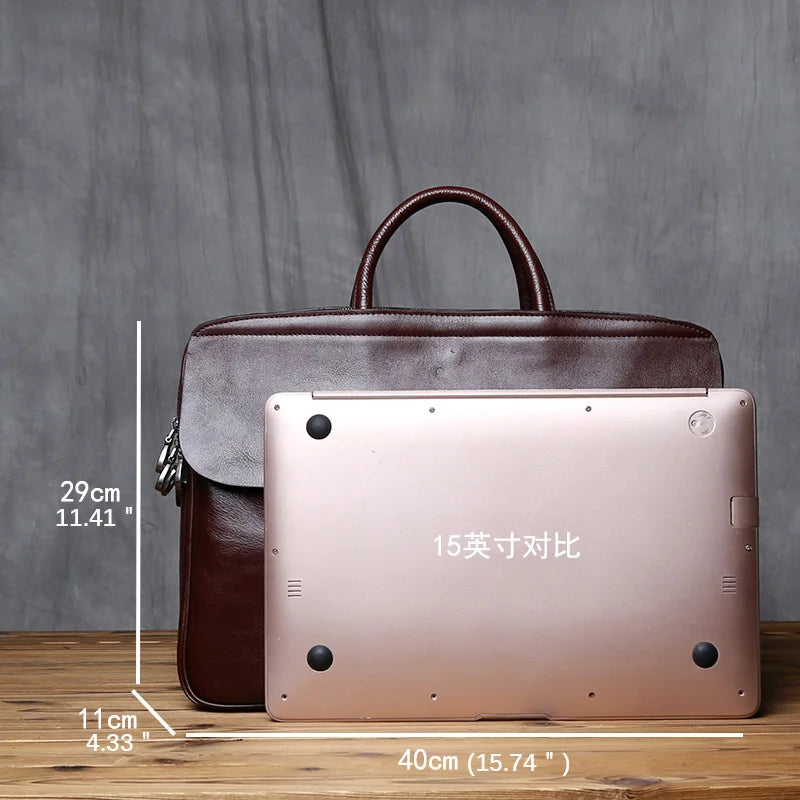 Vintage Genuine Leather Briefcase for Men - Large Capacity Cowhide Crossbody Computer Bag