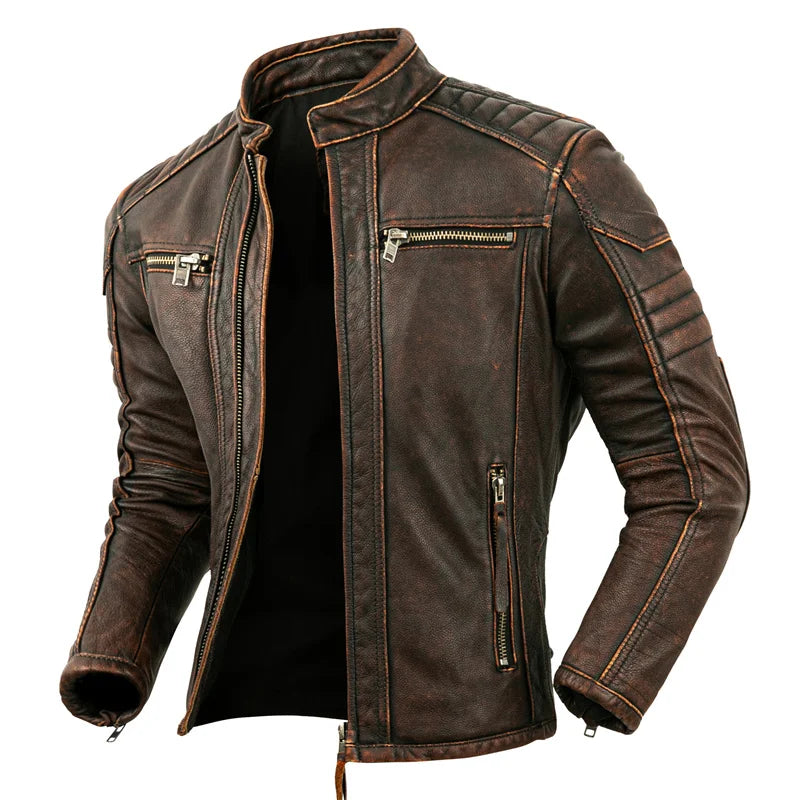 Men's Brown Calfskin Motorcycle Jacket - Retro Stand Collar Biker Gear in Natural Leather