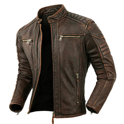 Men's Brown Calfskin Motorcycle Jacket - Retro Stand Collar Biker Gear in Natural Leather