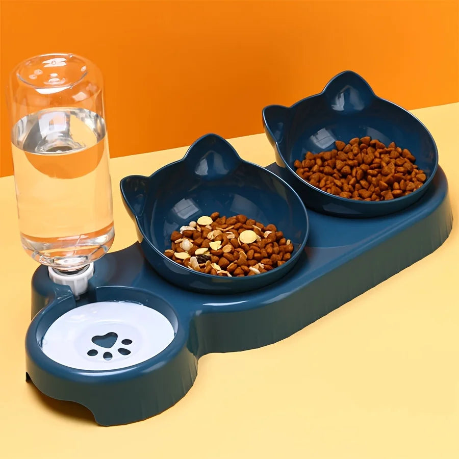 3-in-1 Tilted Cat Food and Water Bowl Set with Gravity Feeder for Neck Protection