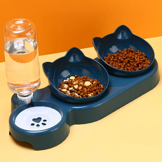 3-in-1 Tilted Cat Food and Water Bowl Set with Gravity Feeder for Neck Protection