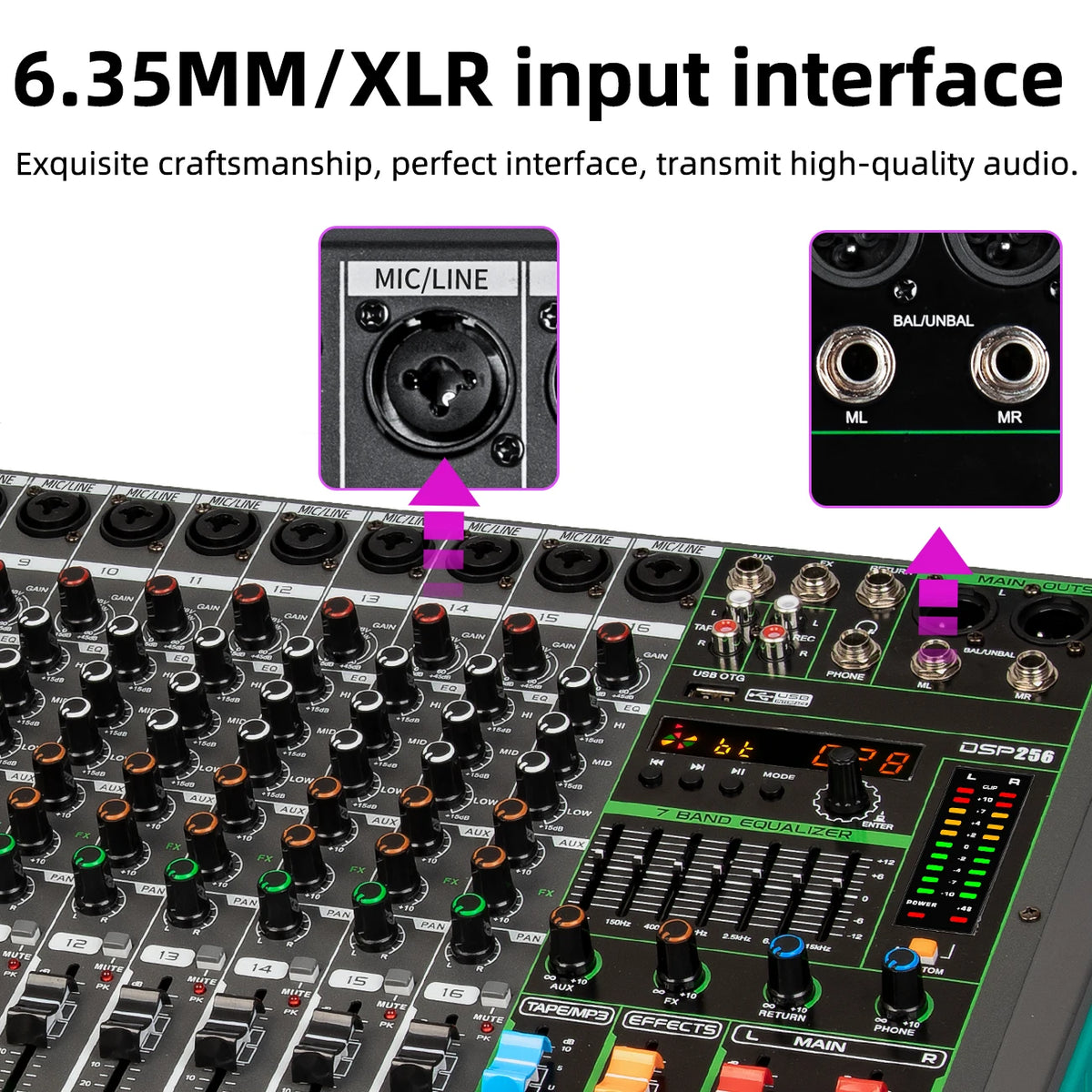 16-Channel USB Audio Mixer for DJs & Musicians with 48V Phantom Power and 256 DSP Effects - Depusheng MG16