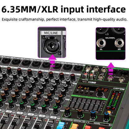 16-Channel USB Audio Mixer for DJs & Musicians with 48V Phantom Power and 256 DSP Effects - Depusheng MG16
