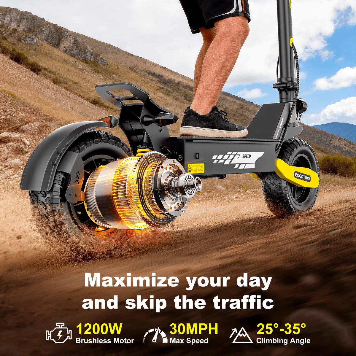 EOEOTWO 1200W Off-Road Electric Scooter for Adults - 30MPH, 48V, 11" Tubeless Tires, Foldable & Long Range