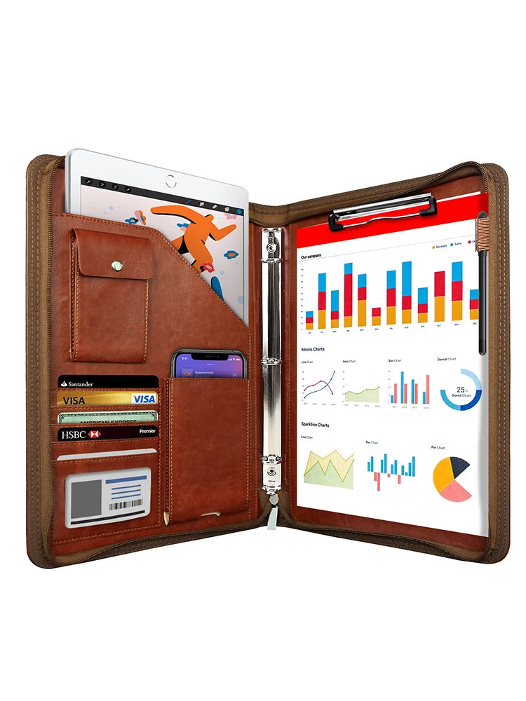 Multifunctional A4 Leather Conference Folder for Professionals - Travel Document & Contract Organizer