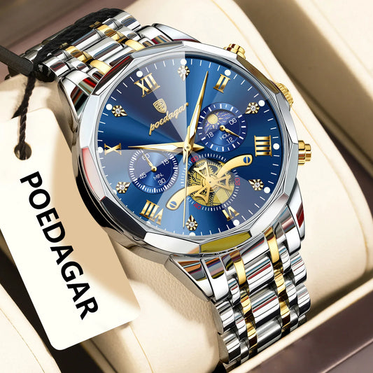 Luxury Men's Waterproof Chronograph Watch - POEDAGAR Stainless Steel Luminous Quartz Wristwatch for Confident Men