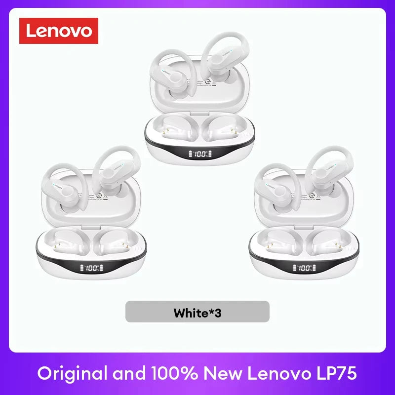 Lenovo LP75 TWS Bluetooth 5.3 Headphones - Waterproof Noise-Cancelling Earbuds with LED Display for Music Lovers