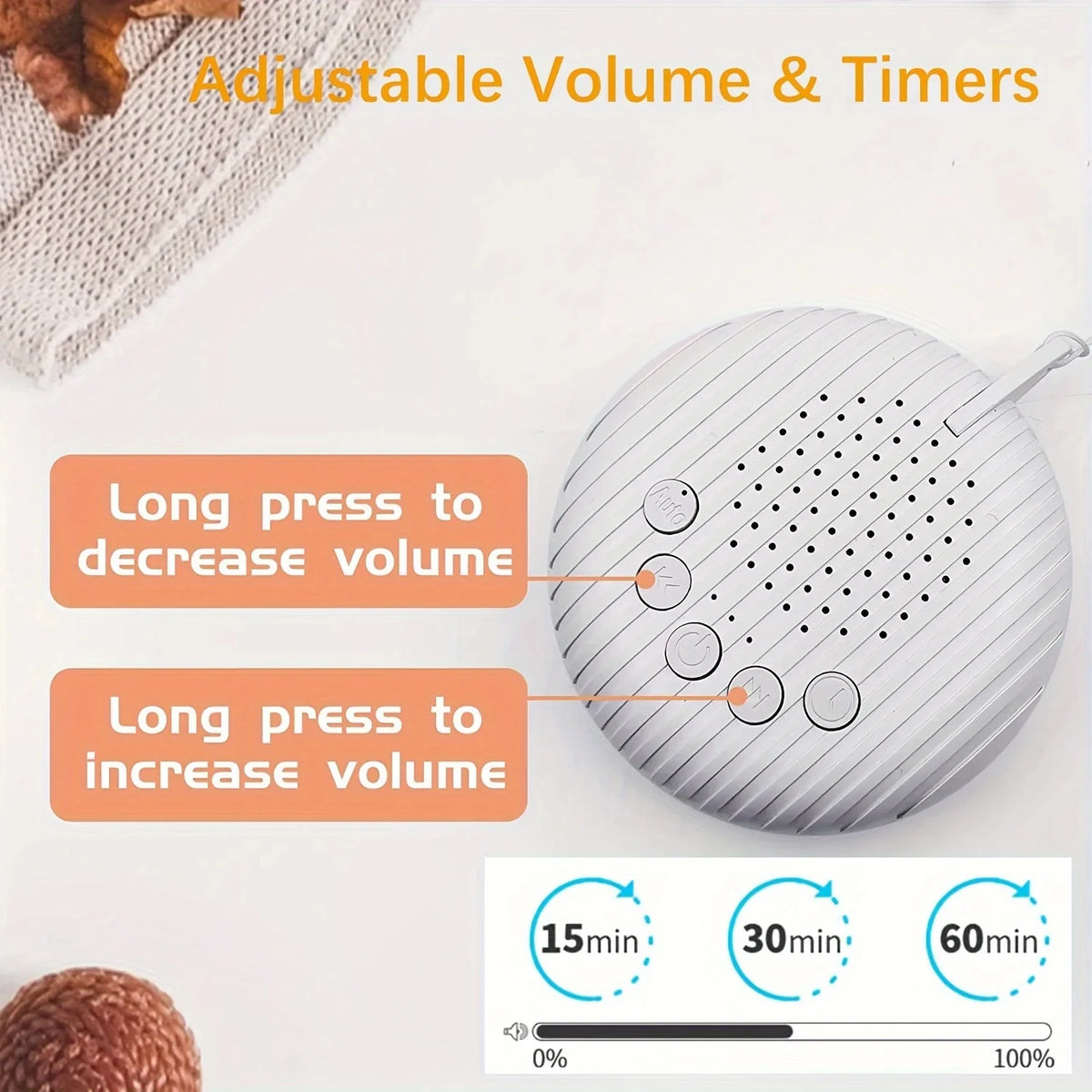 Portable White Noise Machine for Babies - 10 Soothing Sounds, Volume Control, Rechargeable Battery, USB Charging