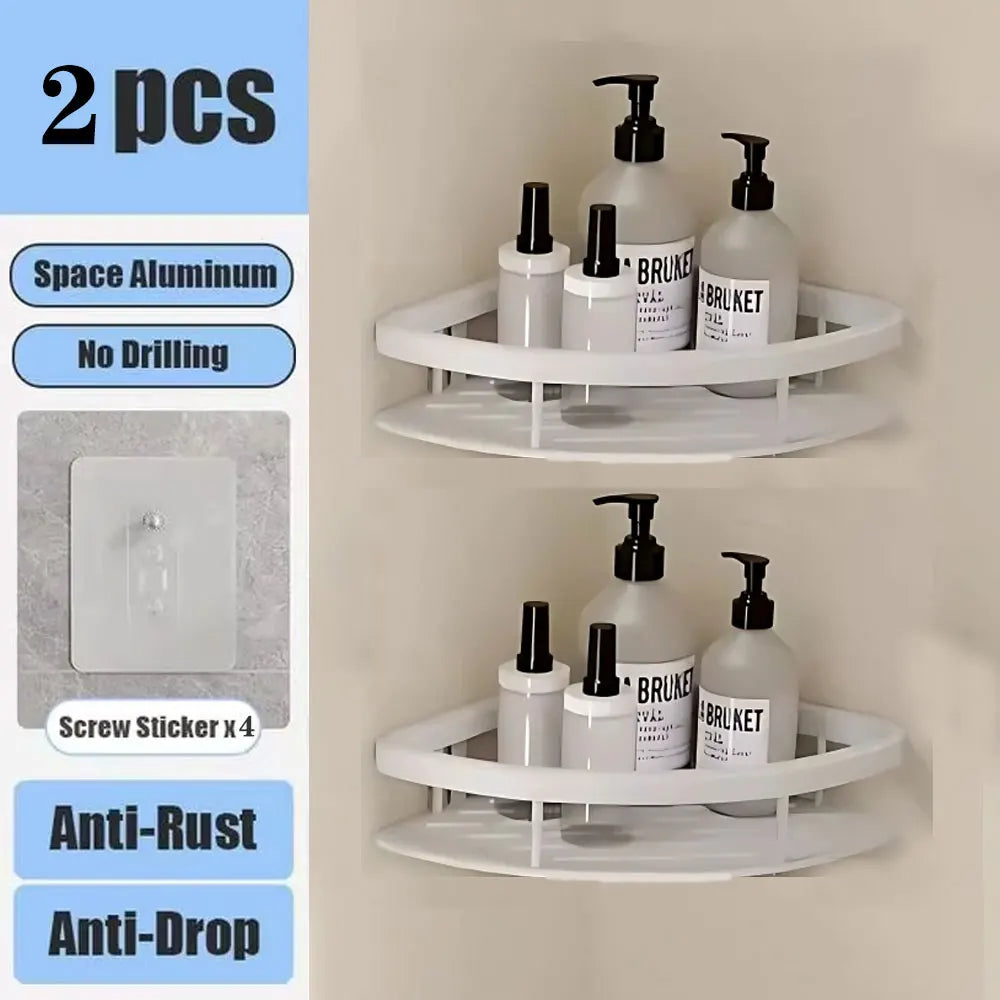 Wall-Mounted Aluminum Bathroom Shelf for Shampoo & Toiletries – No Drill Corner Rack for Showers & Kitchens