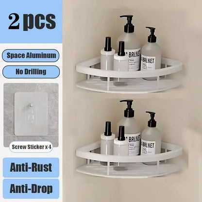Wall-Mounted Aluminum Bathroom Shelf for Shampoo & Toiletries – No Drill Corner Rack for Showers & Kitchens
