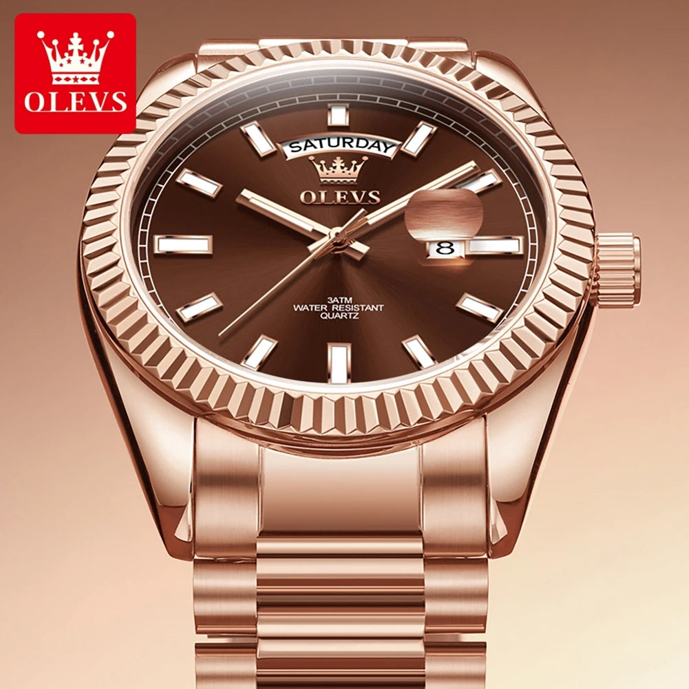 OLEVS Men's Waterproof Rose Gold Stainless Steel Watch with Day-Date Quartz Movement