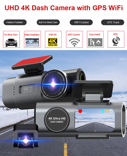 4K UHD Dash Cam with Night Vision & GPS - Car Camera for Safe Driving & 24/7 Parking Surveillance